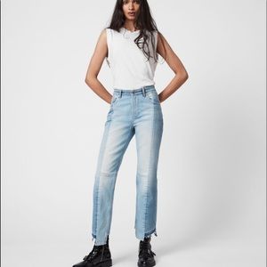 AllSaints Kim Two Tone Asymmetric Hem Jeans in Mid Indigo Size 25